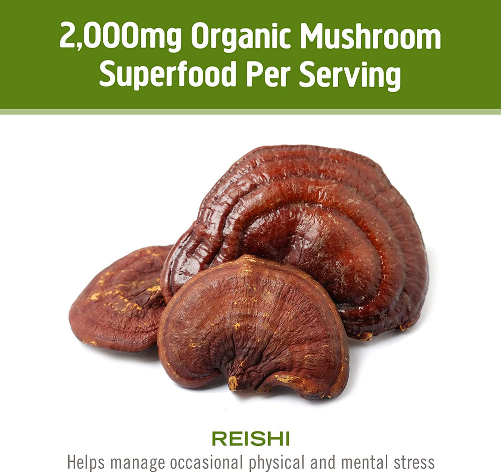 Open Reishi capsule reveals powder for quick mix with beverages.