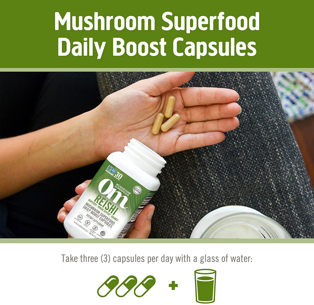 Packaging box for OM MUSHROOM SUPERFOOD Reishi emphasizes USA-grown production.