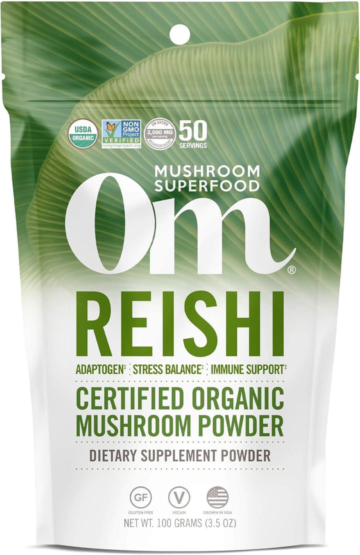 OM MUSHROOM SUPERFOOD Reishi powder bottle showing organic adaptogen for daily balance