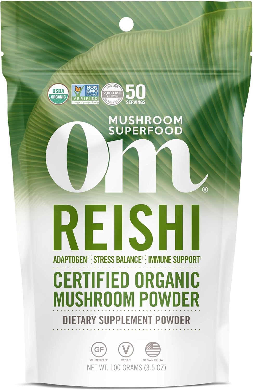 OM MUSHROOM SUPERFOOD Reishi powder bottle showing organic adaptogen for daily balance