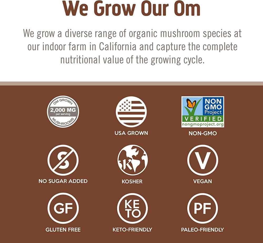 OM MUSHROOM SUPERFOOD USA-grown logo emphasizes domestic production standards