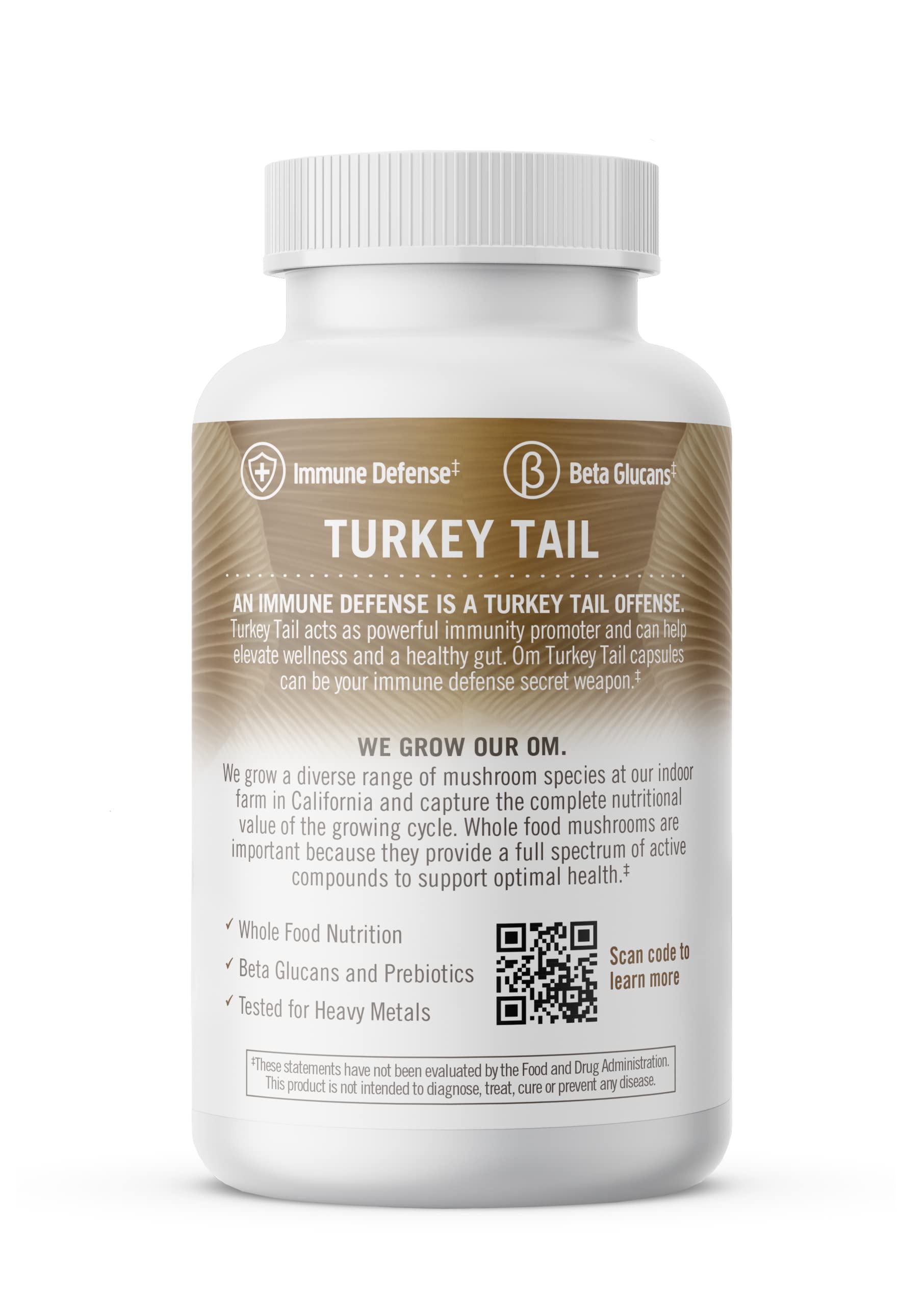 Om Mushroom Turkey Tail bottle beside glass for daily routine needs.