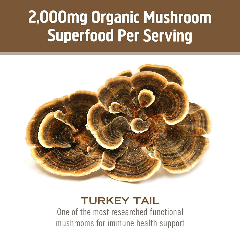 Om Mushroom Turkey Tail capsule image shows organic, vegan, gluten-free seals.