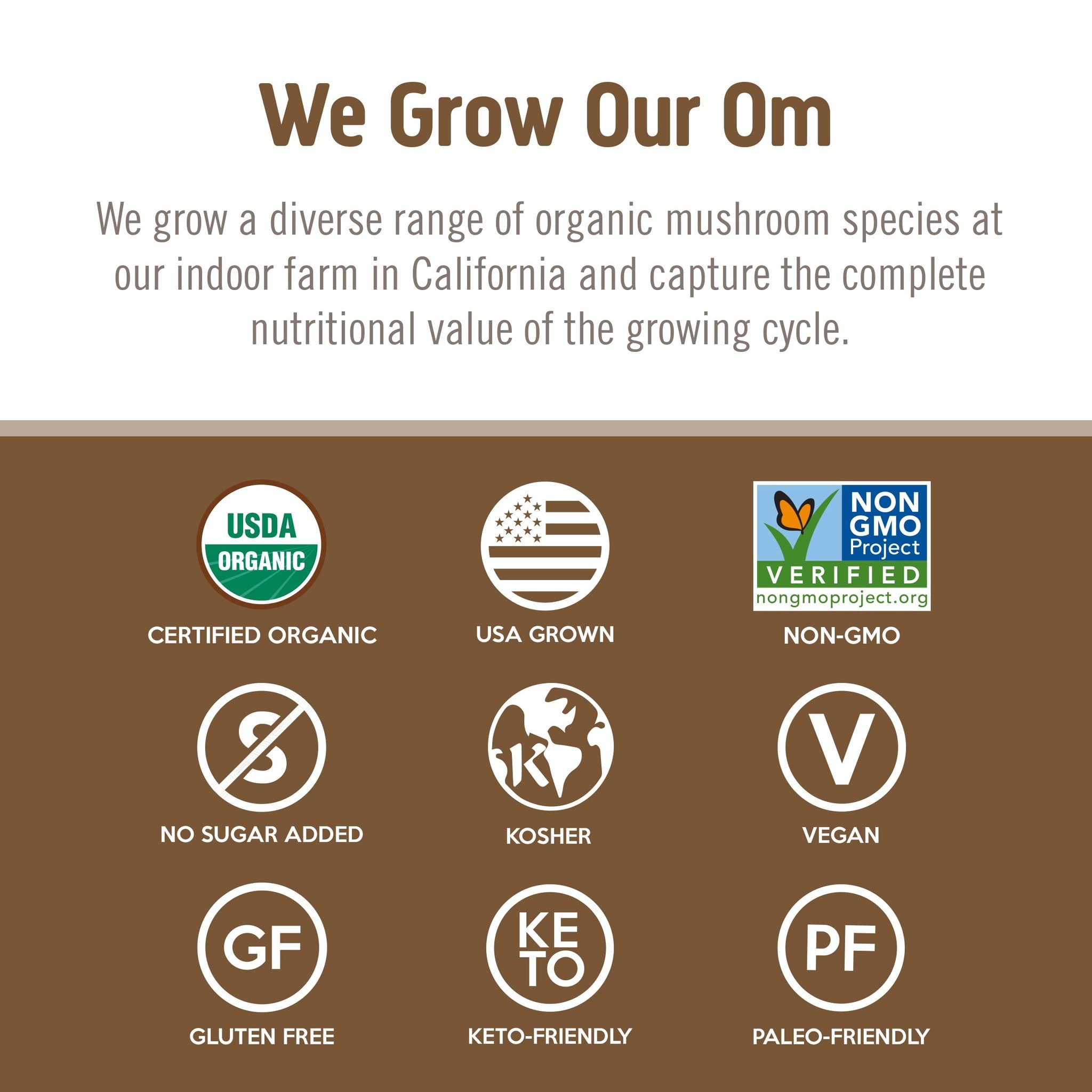 Om Mushroom Superfood turkey tail powder close-up of mycelium and primordia content.