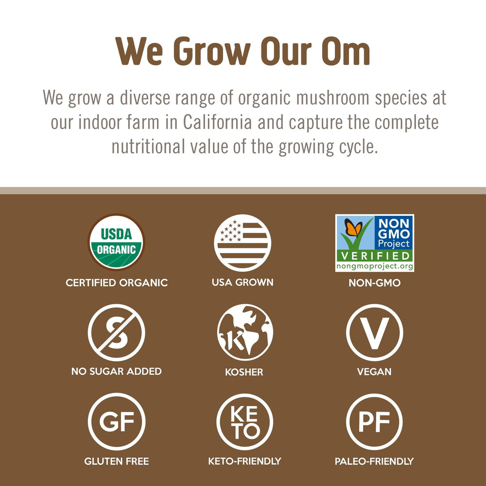 Om Mushroom Superfood turkey tail powder close-up of mycelium and primordia content.