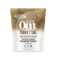 Om Mushroom Superfood turkey tail powder pouch front view highlighting immune-support formula.