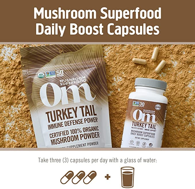 Om Mushroom Turkey Tail capsules travel pack for on-the-go routines.