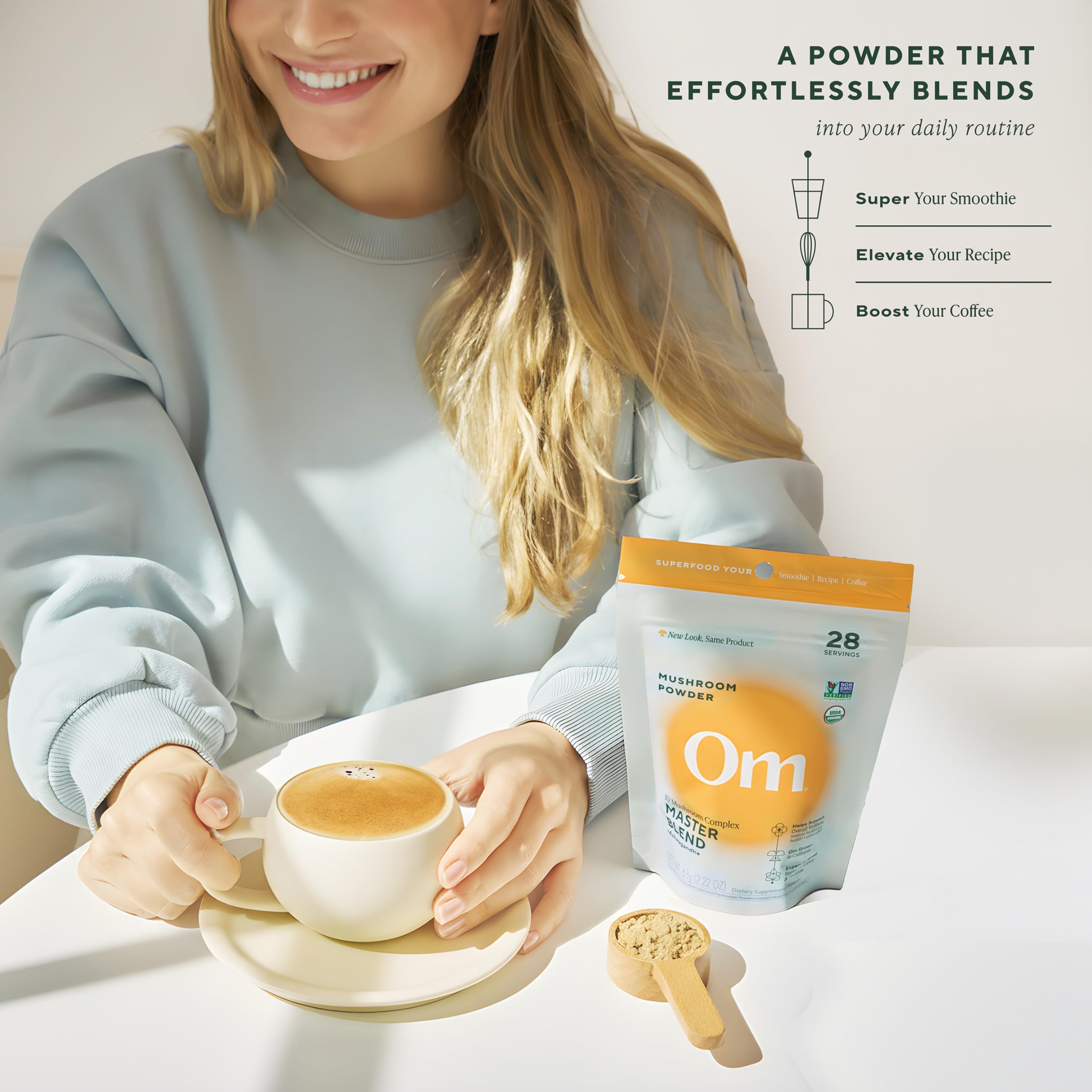 Ashwagandha detail suggests adaptogenic support in the blend.