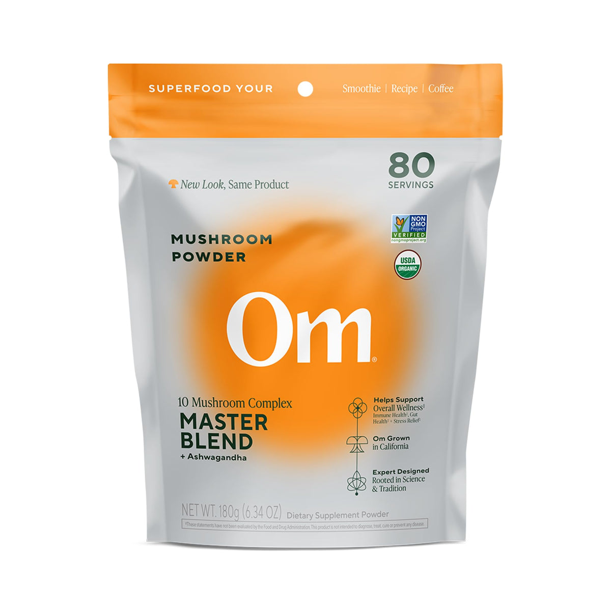 OM Mushrooms Master Blend powder bottle for daily immune and gut support.