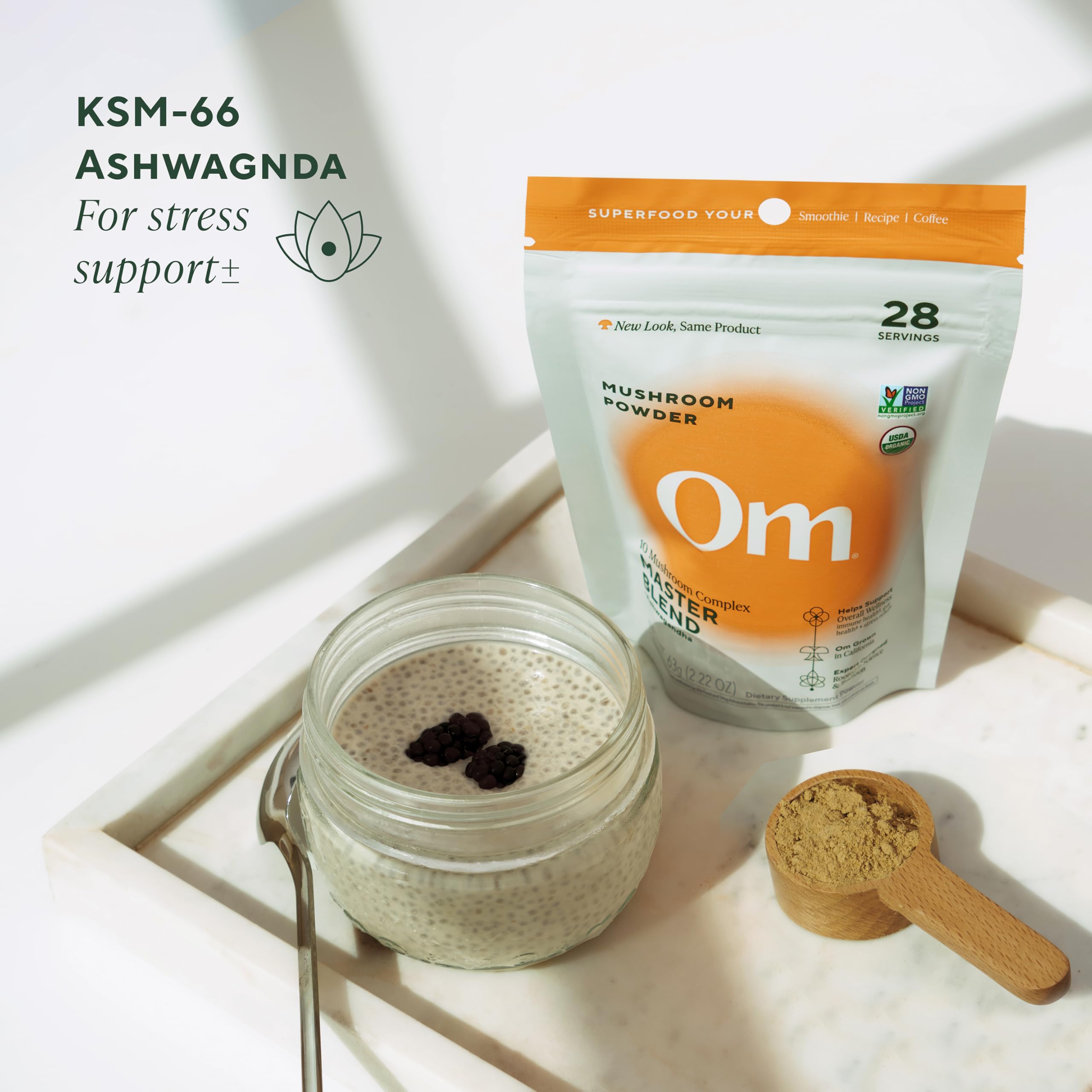 Ten-mushroom visual demonstrates diverse ingredients in OM Mushrooms Master Blend.