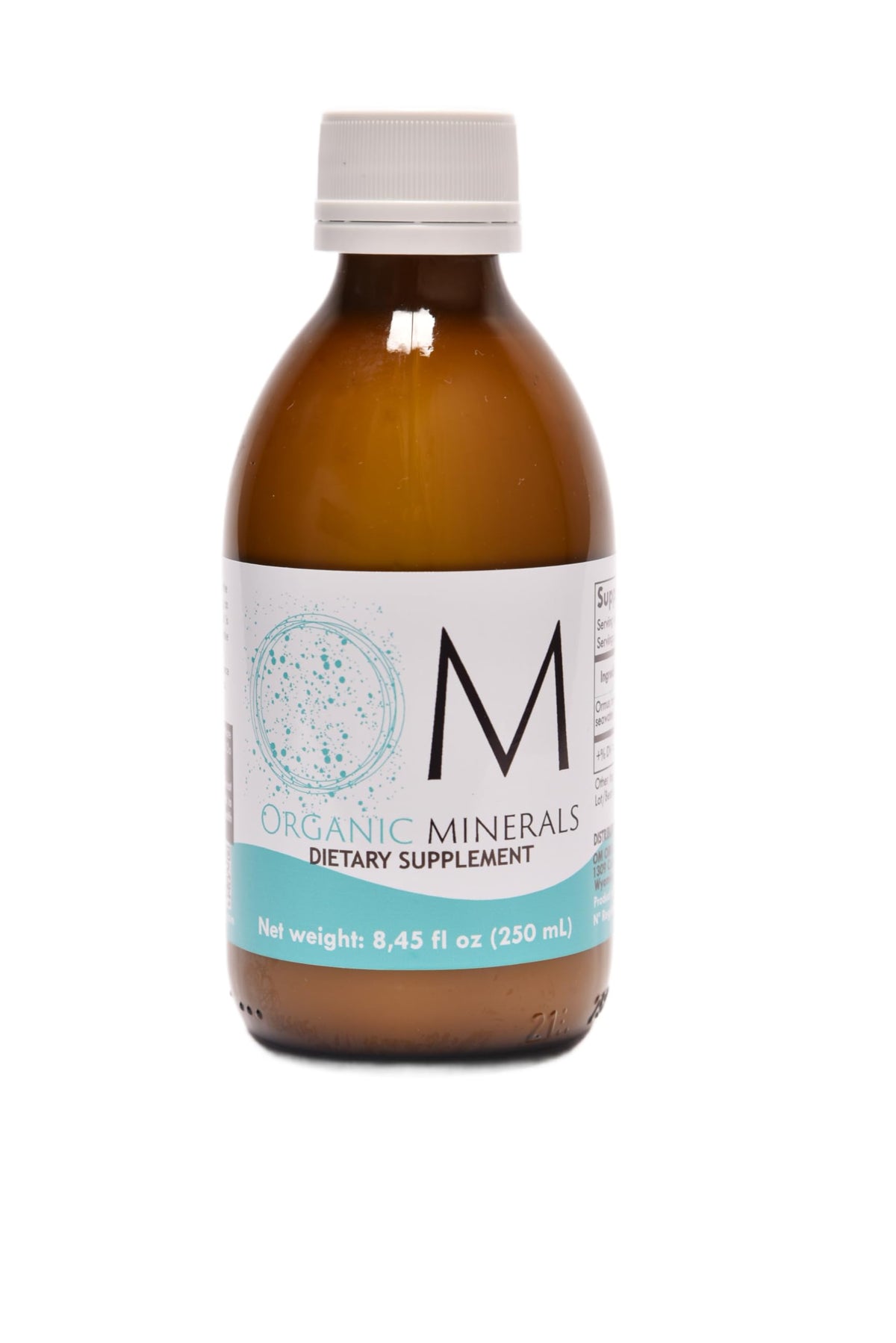 OM Organic Minerals bottle front highlighting a pure, additive-free mineral formula for daily use.