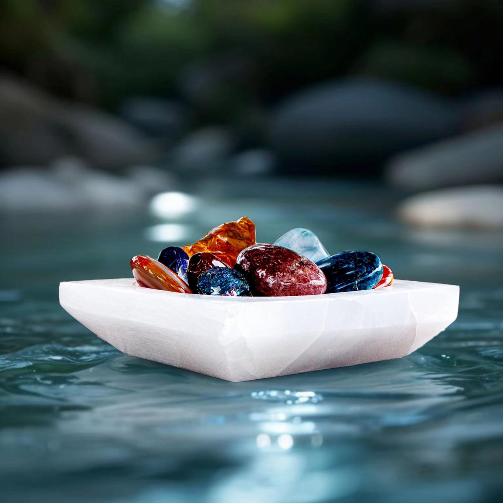 Om Zone selenite bowl on nightstand adds calm ambience and routine.