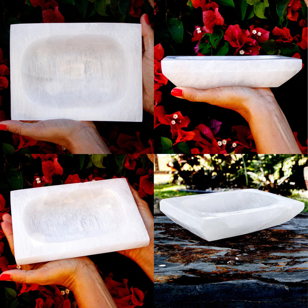 Om Zone selenite bowl close-up showing a smooth surface ideal for energy clearing.