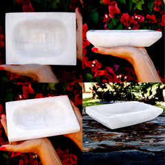 Om Zone selenite bowl close-up showing a smooth surface ideal for energy clearing.