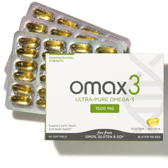 OMAX3 omega-3 bottle front highlights high-potency EPA/DHA for heart and brain support.