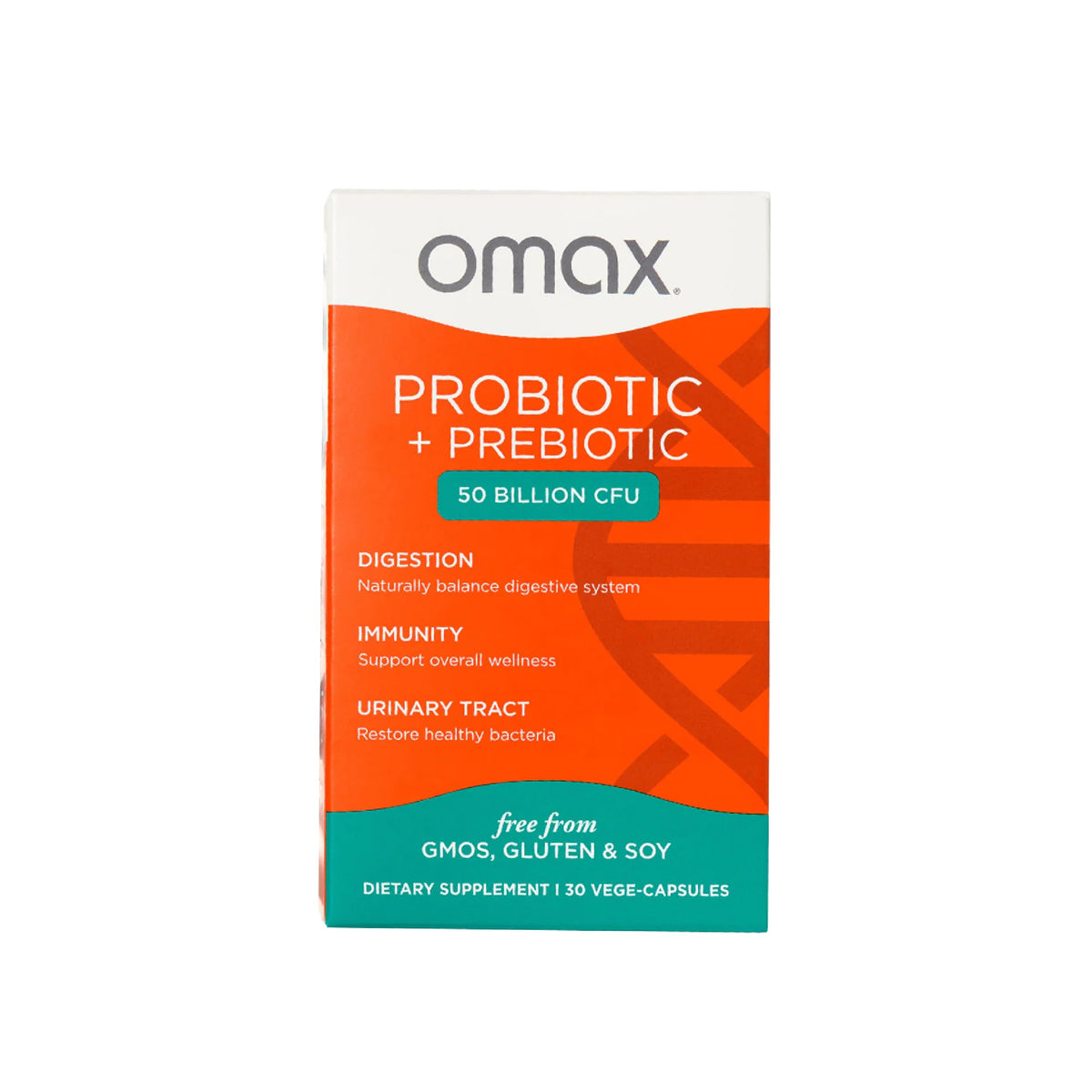 Omax3 prebiotic-probiotic bottle shows 50B CFU strength for gut balance