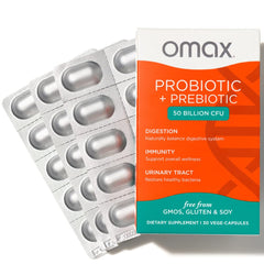 Omax3 probiotic capsules featuring 10 strains for diverse gut support