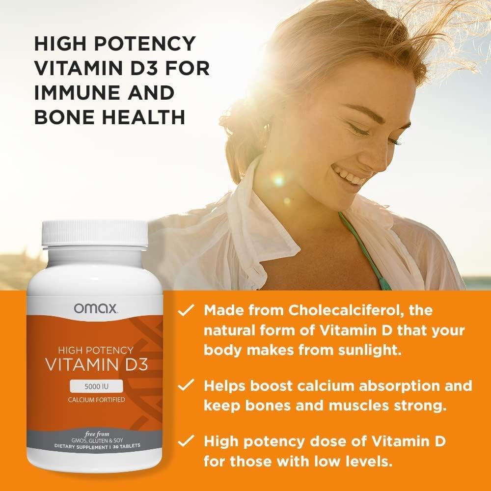Omax3 tablets display D3 5000 IU for daily supplementation