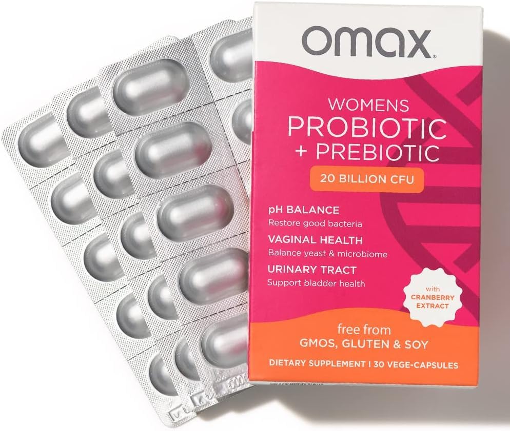 Omax3 probiotic capsules for women promote gut balance and vaginal pH support.