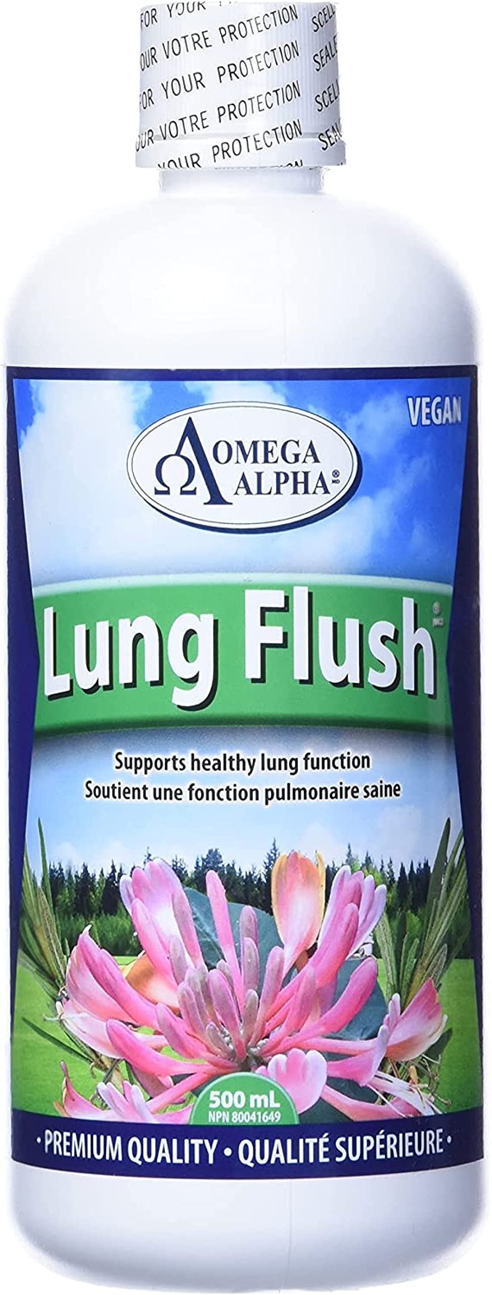 Omega Alpha Lung Flush bottle pour demonstrates easy daily dosing for respiratory support.