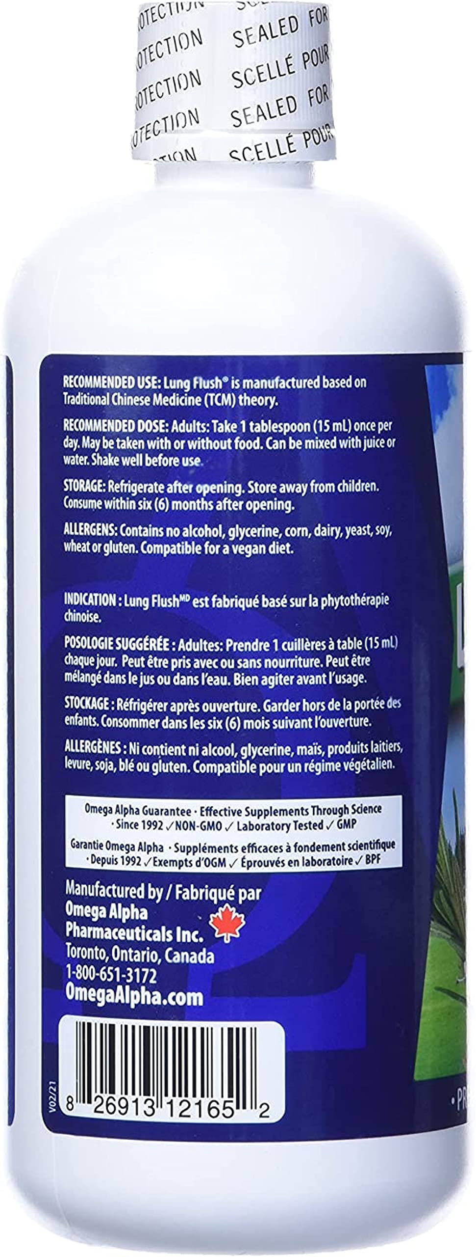 Omega Alpha Lung Flush label closeup shows ingredients and usage guidance.