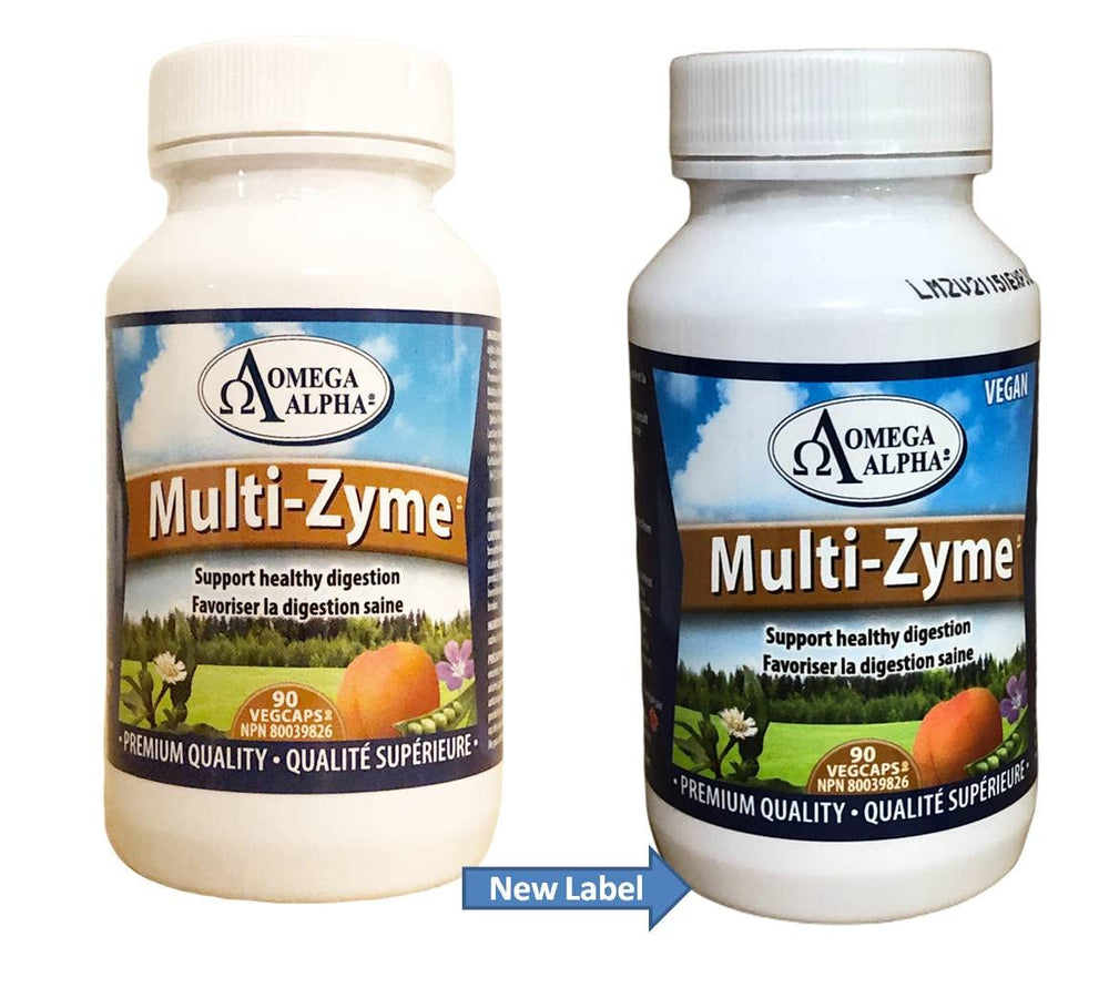 Omega Alpha Multi-Zyme 90s capsule close-up showing vegetarian shell for easy daily use