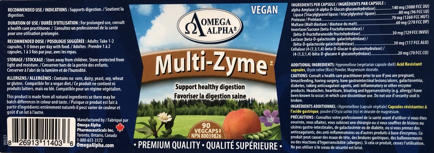 Omega Alpha Multi-Zyme 90s packaging close-up with ingredients; may support digestion when taken with meals