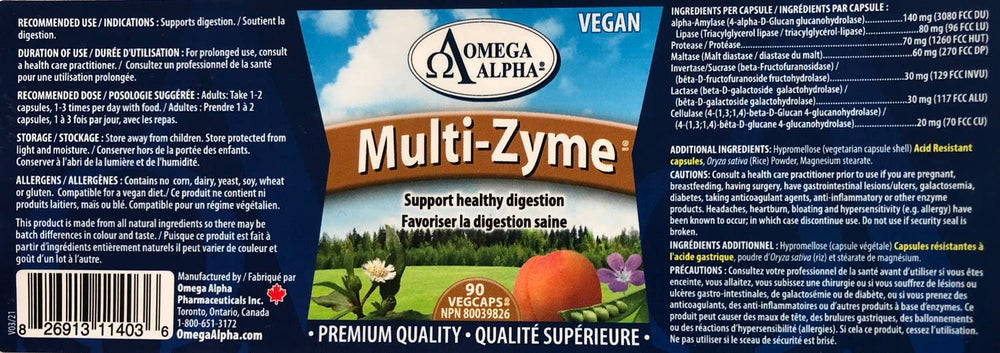 Omega Alpha Multi-Zyme 90s packaging close-up with ingredients; may support digestion when taken with meals