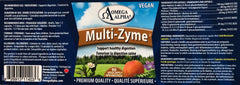 Omega Alpha Multi-Zyme 90s packaging close-up with ingredients; may support digestion when taken with meals