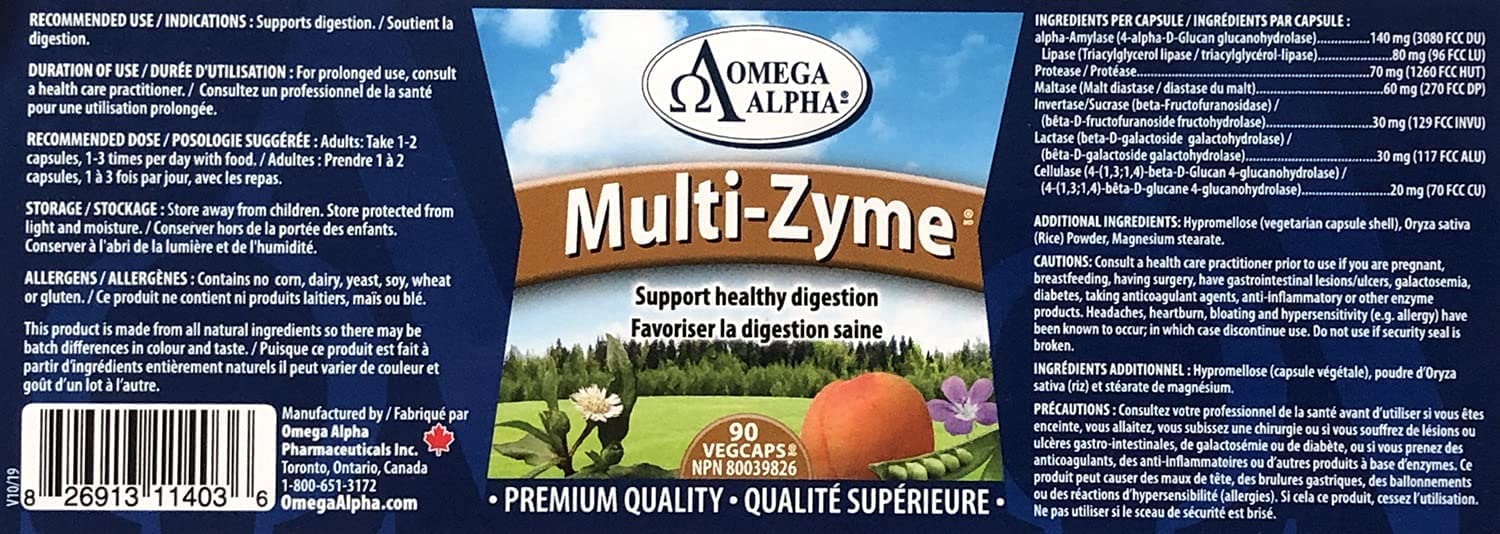Omega Alpha Multi-Zyme 90s nutrition label close-up highlighting enzyme blend for digesting carbs, fats, and proteins