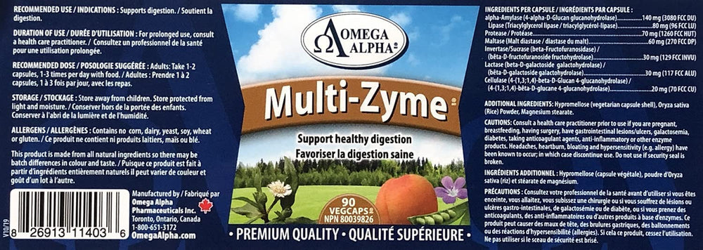 Omega Alpha Multi-Zyme 90s nutrition label close-up highlighting enzyme blend for digesting carbs, fats, and proteins