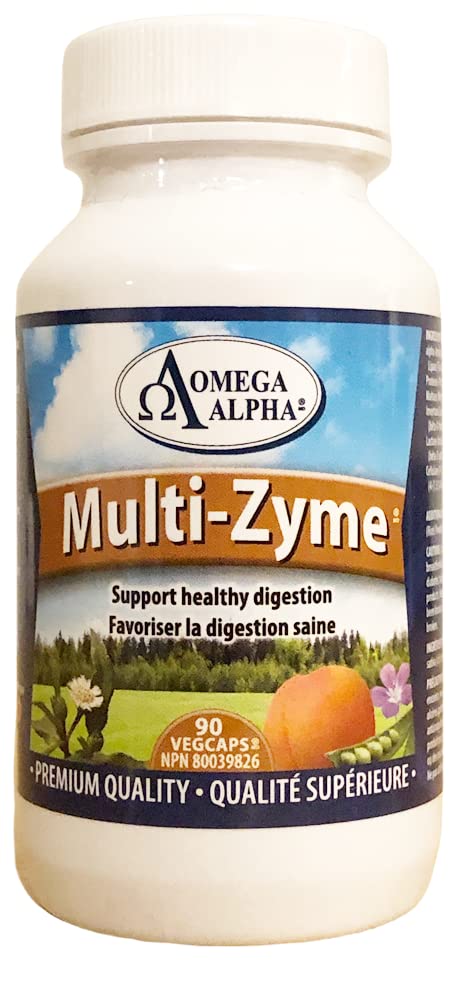 Omega Alpha Multi-Zyme 90s bottle front view, enzyme blend for balanced digestion