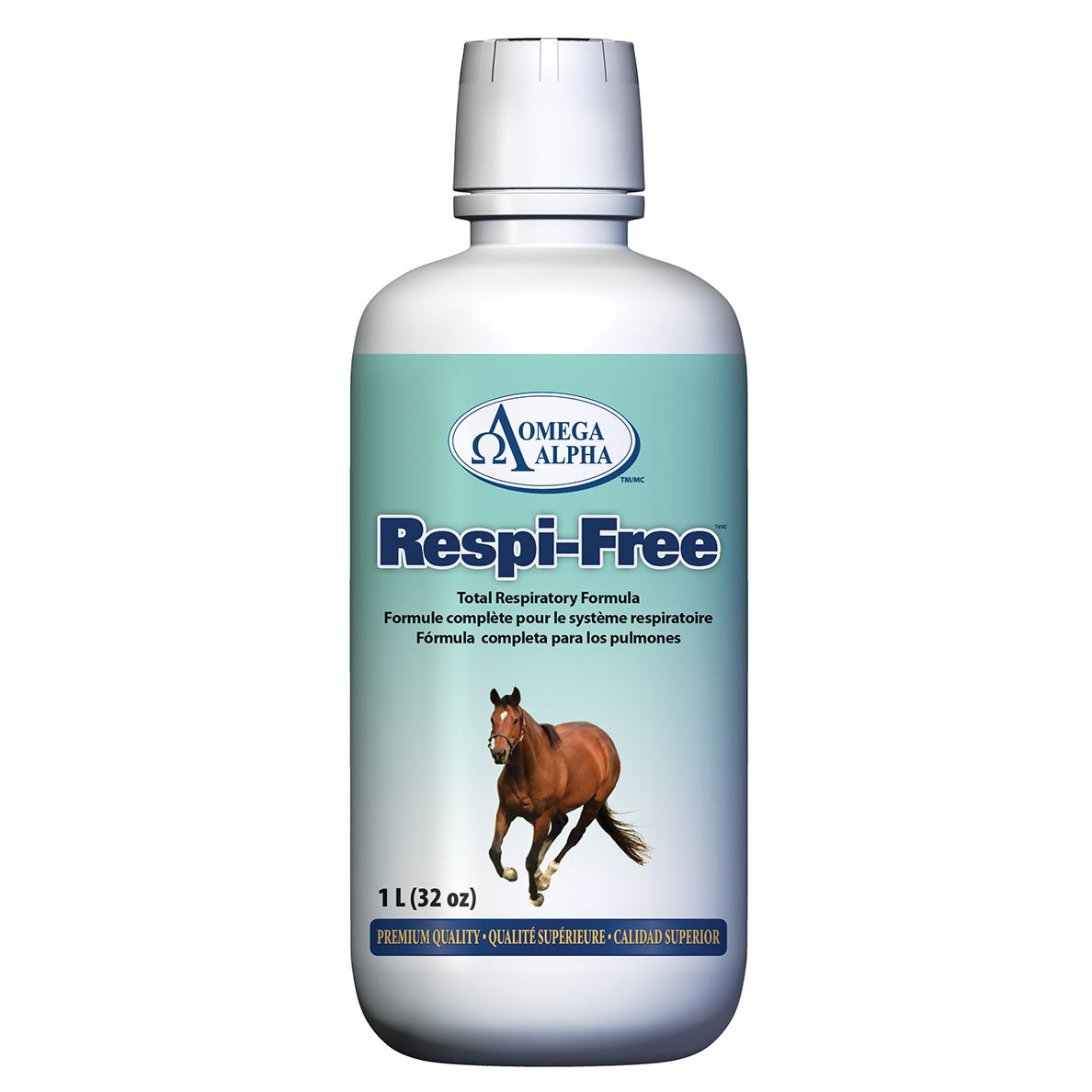 Omega Alpha Respi-Free bottle pour supports horse respiratory comfort during exercise.