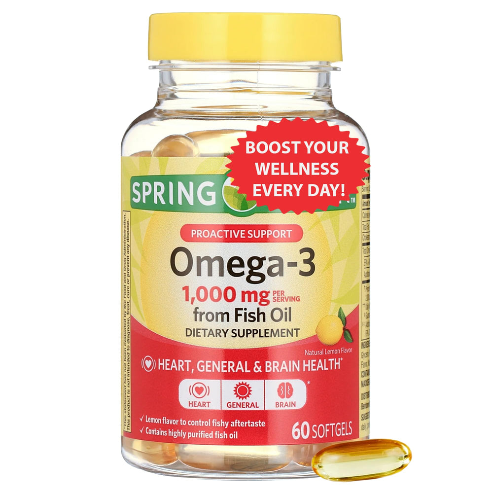 Omega-3 Fish Oil bottle front with label visible for daily wellness support.