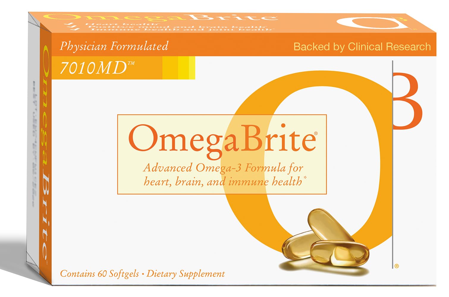 OmegaBrite 7010MD bottle front showing high-purity omega-3 for daily heart and mood support.
