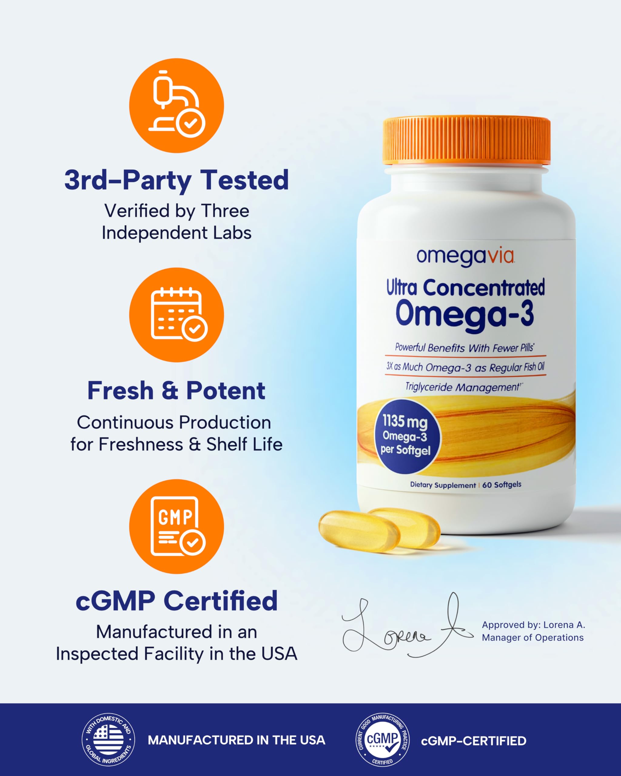 OmegaVia burp-free claim on label for tasteless, easy ingestion.