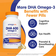 OmegaVia DHA 600 mg softgels close-up emphasizes burpless capsule design