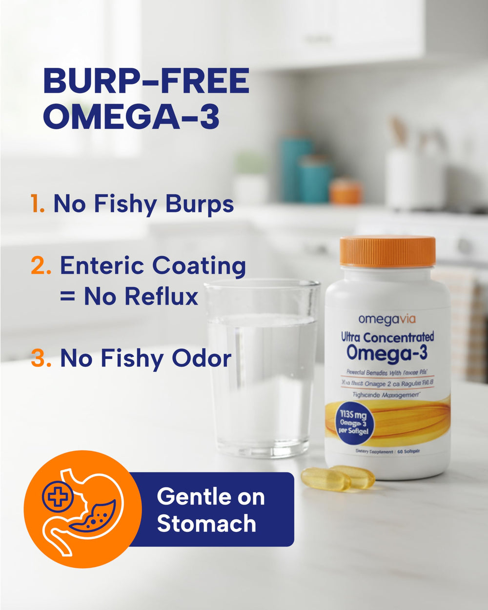 Brand visuals highlight OmegaVia's high EPA and DHA concentration.