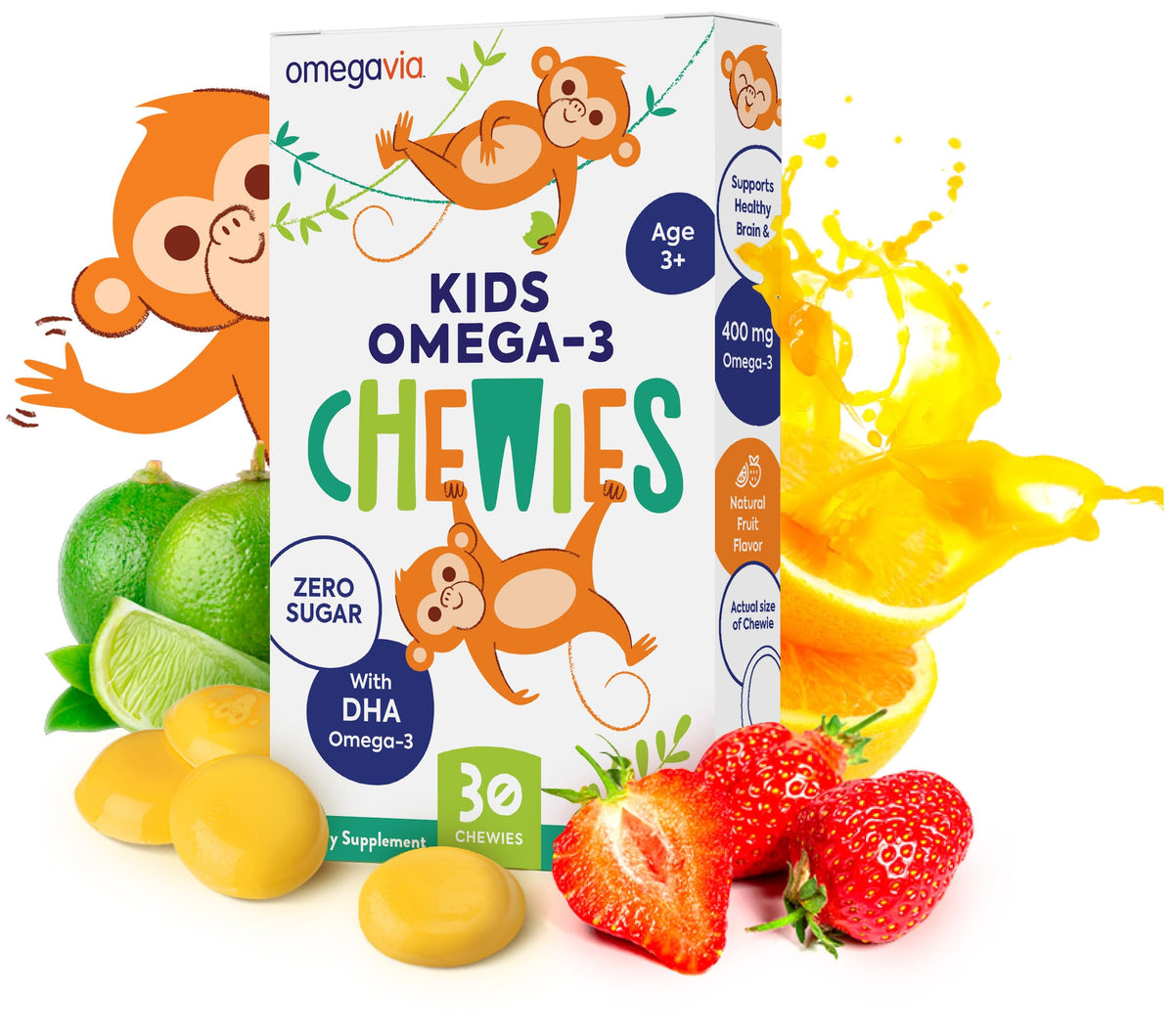 OmegaVia Kids Omega 3 Gummies bottle front with kid-friendly strawberry citrus flavor.