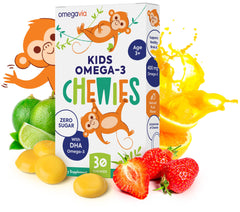 OmegaVia Kids Omega 3 Gummies bottle front with kid-friendly strawberry citrus flavor.