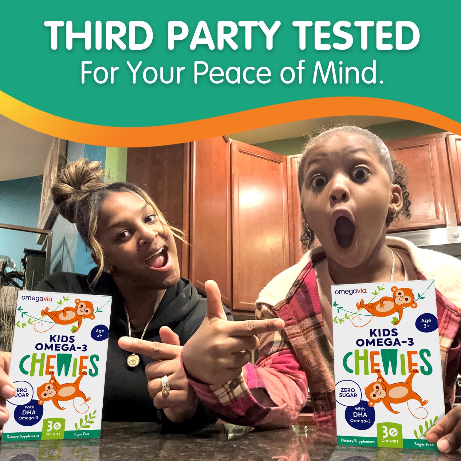 OmegaVia Kids Omega 3 Gummies label detail highlighting DHA per chew.