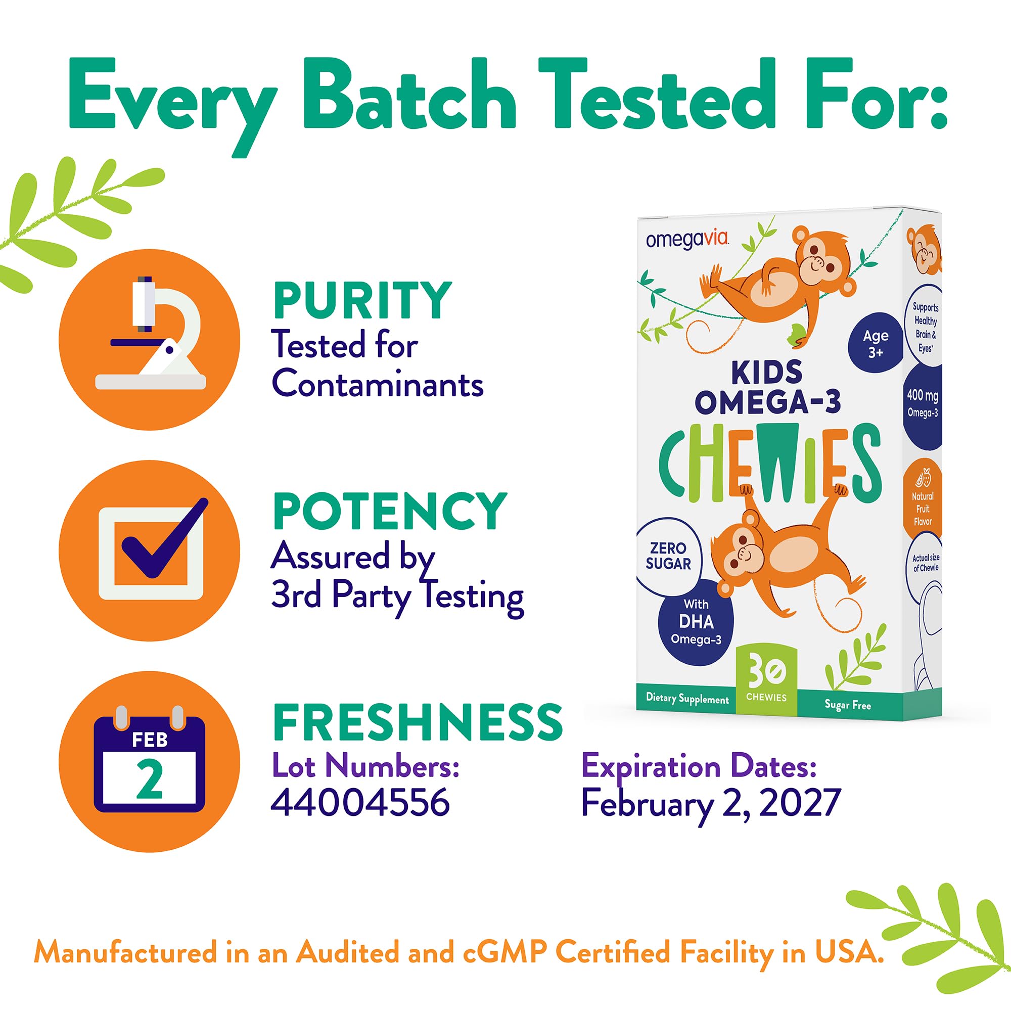 OmegaVia Kids Omega 3 Gummies IFOS testing stamp signals purity.