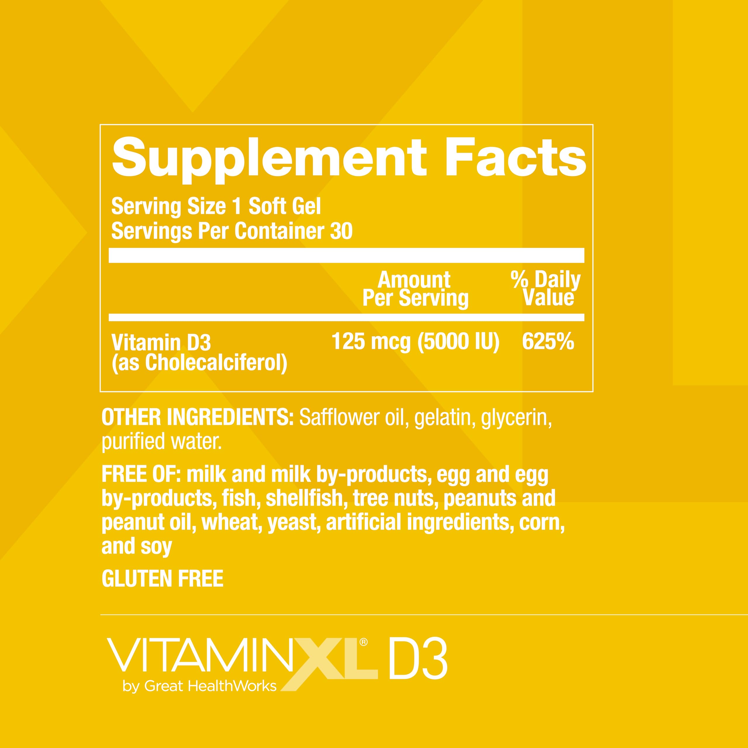 OmegaXL VitaminXL D3 5000 IU bottle back label detailing ingredients and dosage.