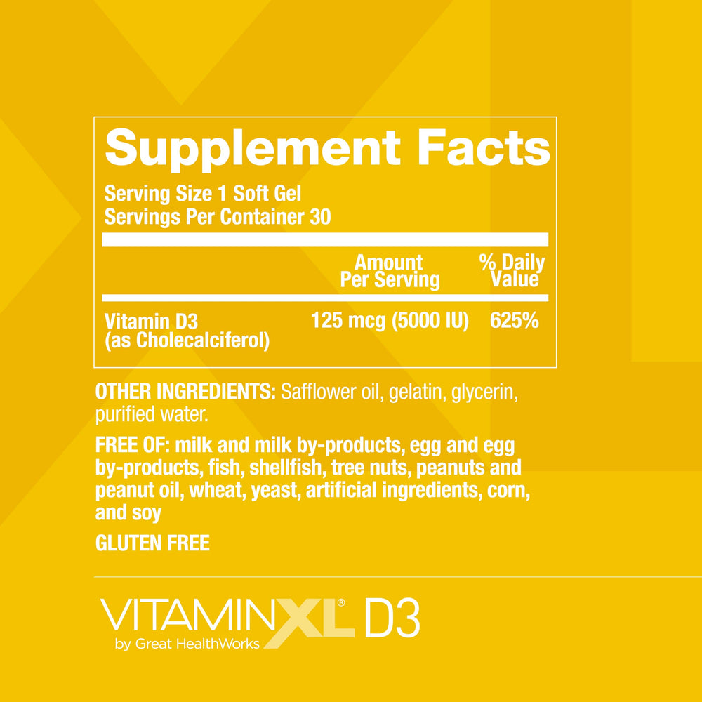 OmegaXL VitaminXL D3 5000 IU bottle back label detailing ingredients and dosage.