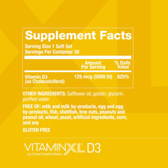 OmegaXL VitaminXL D3 5000 IU bottle back label detailing ingredients and dosage.