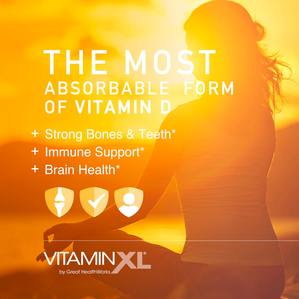 OmegaXL VitaminXL D3 5000 IU softgels close-up emphasizing easy-to-swallow gel.