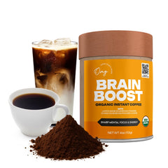 OMG Brain Boost instant coffee bag shows quick focus and organic quality