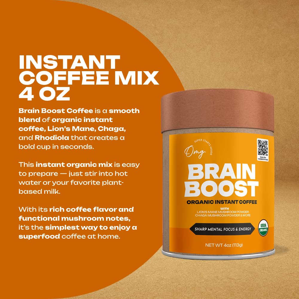 OMG Brain Boost organic-coffee-packaging emphasizes clean-label ingredients