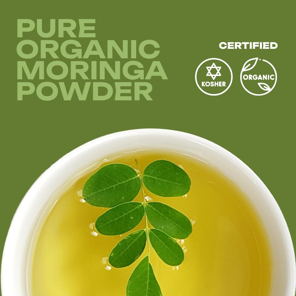 OMG Moringa Powder bottle closeup shows natural color and aroma.