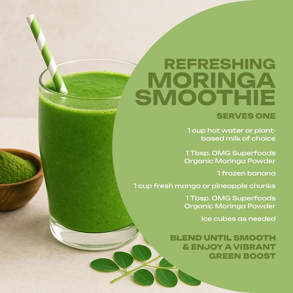 OMG Moringa Powder green powder color indicates rich nutrients.